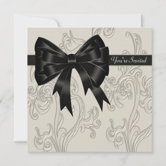 Elegant Black White Cream Swirl Party Invitation (Front)