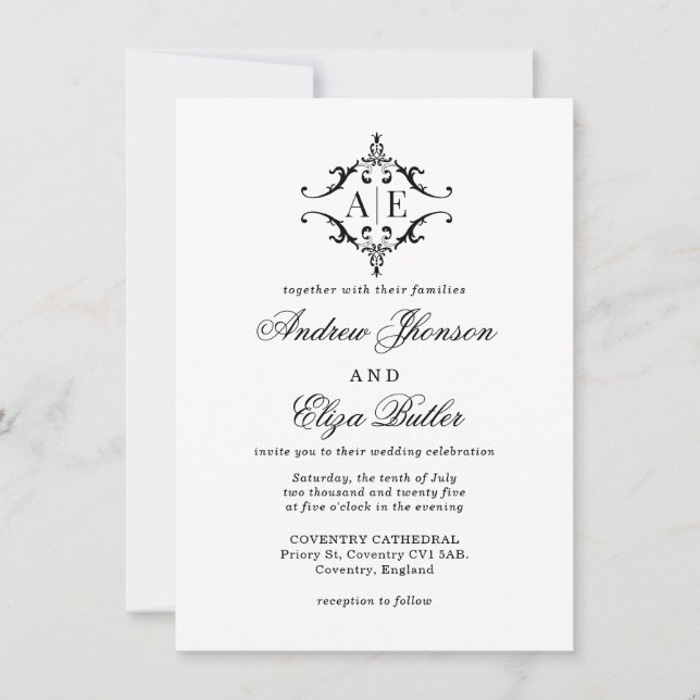 Elegant Black & White Crest Monogram Wedding  Invitation (Front)