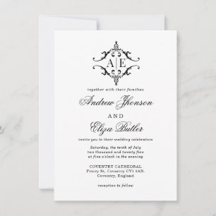 Elegant Black & White Crest Monogram Wedding Invitation