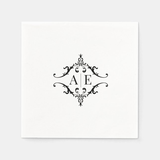 Elegant Black & White Crest Monogram Wedding  Napkin (Front)