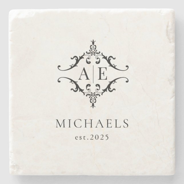 Elegant Black & White Crest Monogram Wedding  Stone Coaster (Front)