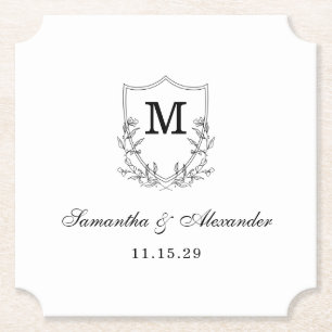 Elegant Black & White Crest Paper Coaster