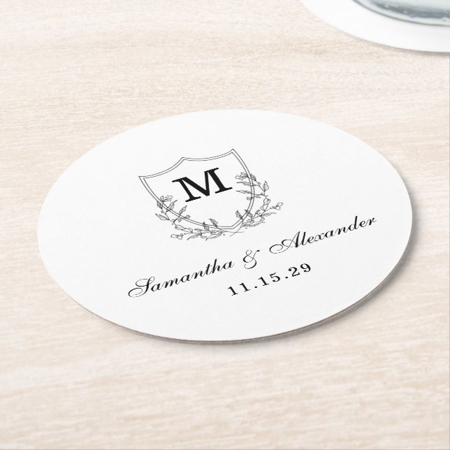 Elegant Black & White Crest Round Paper Coaster (Angled)