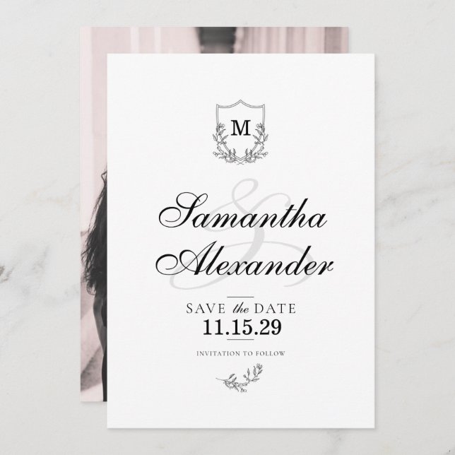Elegant Black & White Crest Save The Date (Front/Back)