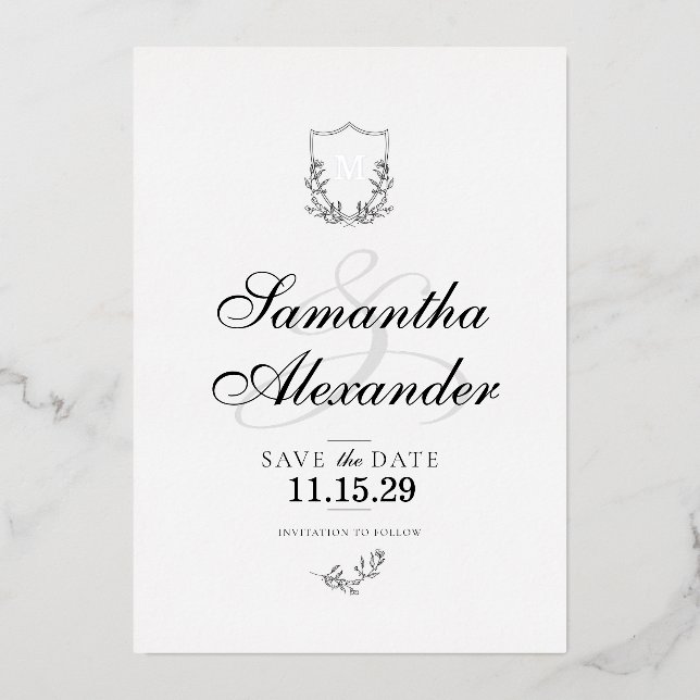 Elegant Black & White Crest Save the Date (Front)