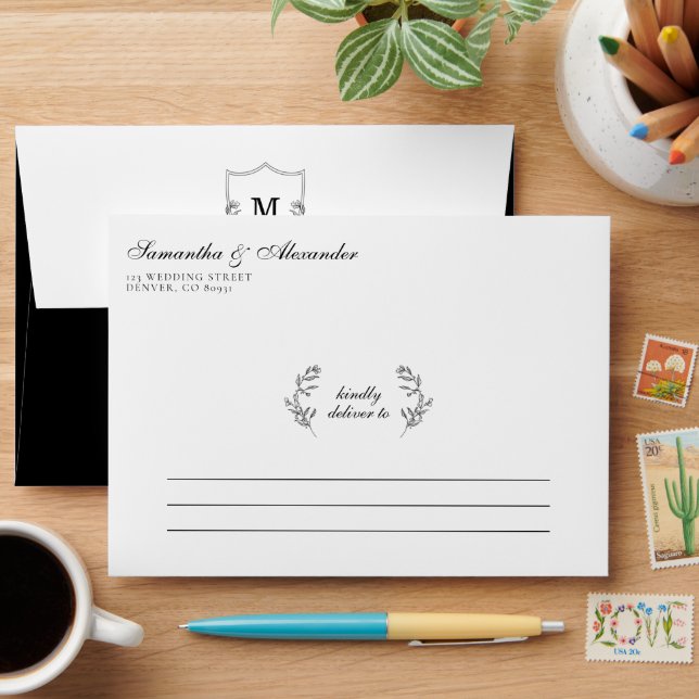 Elegant Black & White Crest Wedding Envelope (Desk)