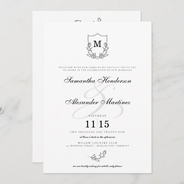Elegant Black & White Crest with Details Wedding Invitation (Front/Back)