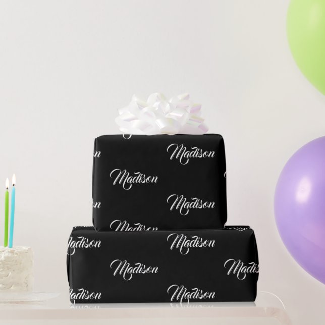 Elegant black white custom calligraphy name wrapping paper (Party Gifts)