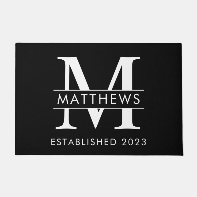 Elegant Black White  Custom Monogram Name  Doormat (Front)