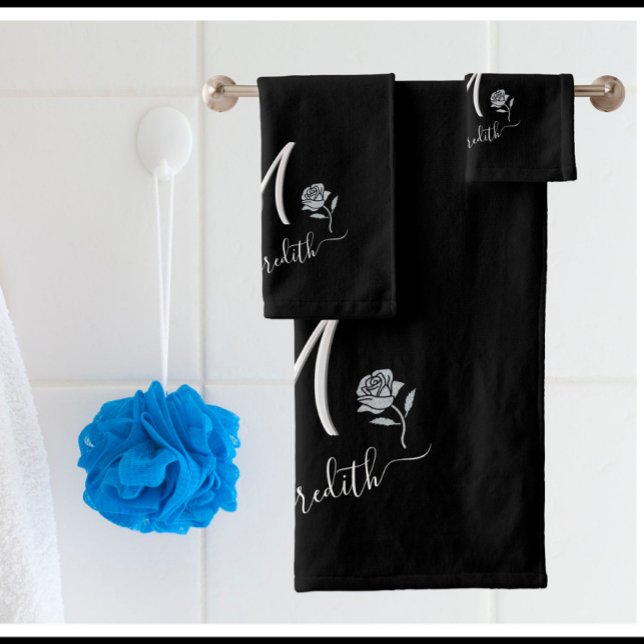 Elegant Black White Custom Monogram Name Flower Bath Towel Set (Creator Uploaded)
