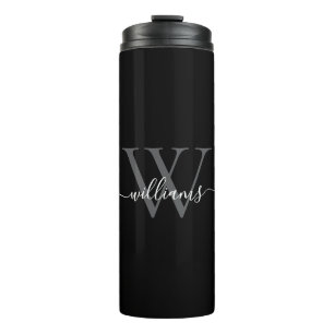 Elegant Black White Custom Monogram Script Name Thermal Tumbler