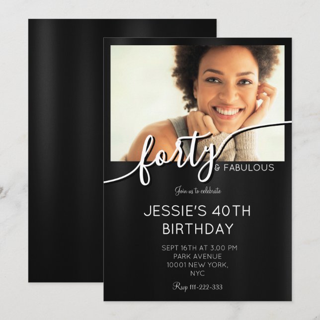 Elegant Black & White Custom Photo Fabulous 40th  Invitation (Front/Back)