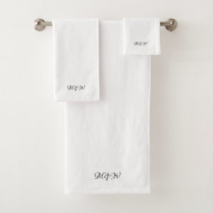 Elegant black white custom script couple monogram bath towel set
