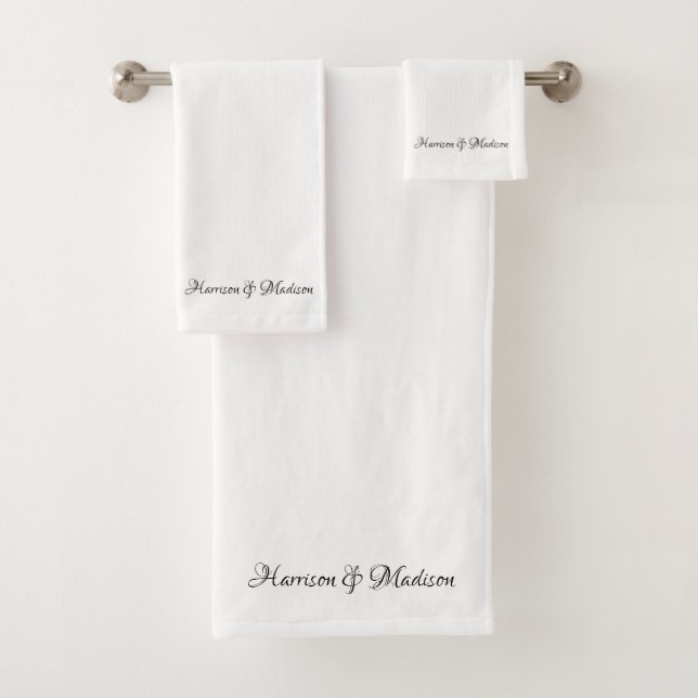 Elegant black white custom script couple name chic bath towel set (Insitu)