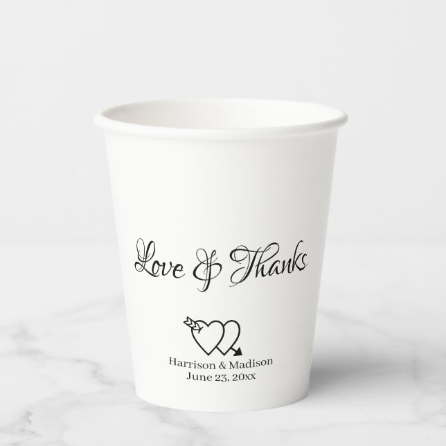 Elegant black white custom script hearts wedding paper cups (Front)