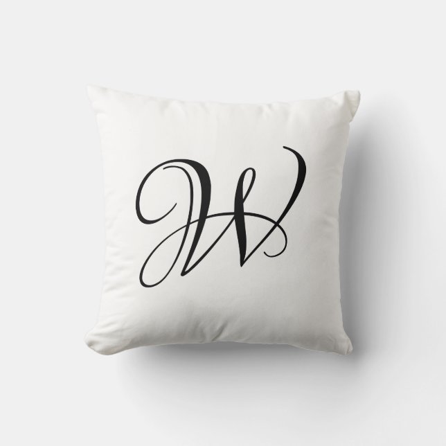 Elegant black & white custom script monogram cushion (Front)