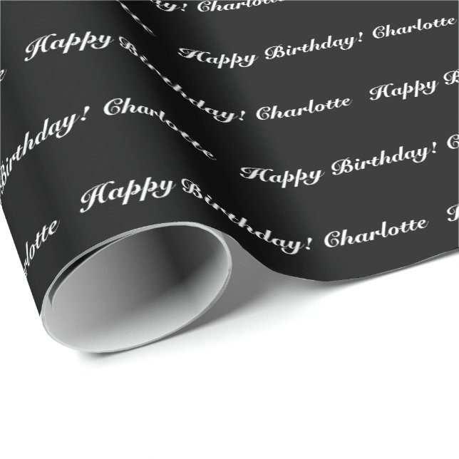 Elegant black & white custom script name birthday wrapping paper (Roll Corner)