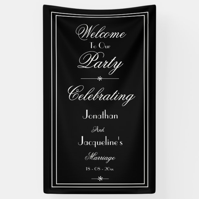 Elegant Black White Custom Wedding Welcome Banner (Vertical)