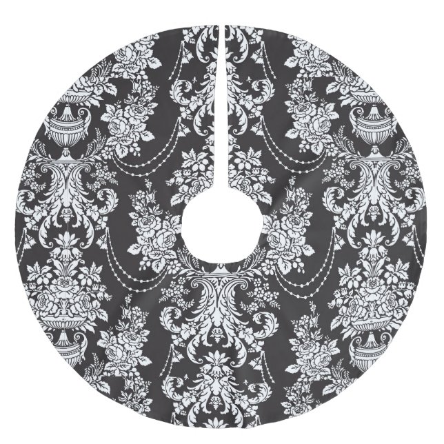 Elegant Black White Damask Christmas Xmas Brushed Polyester Tree Skirt (Front)