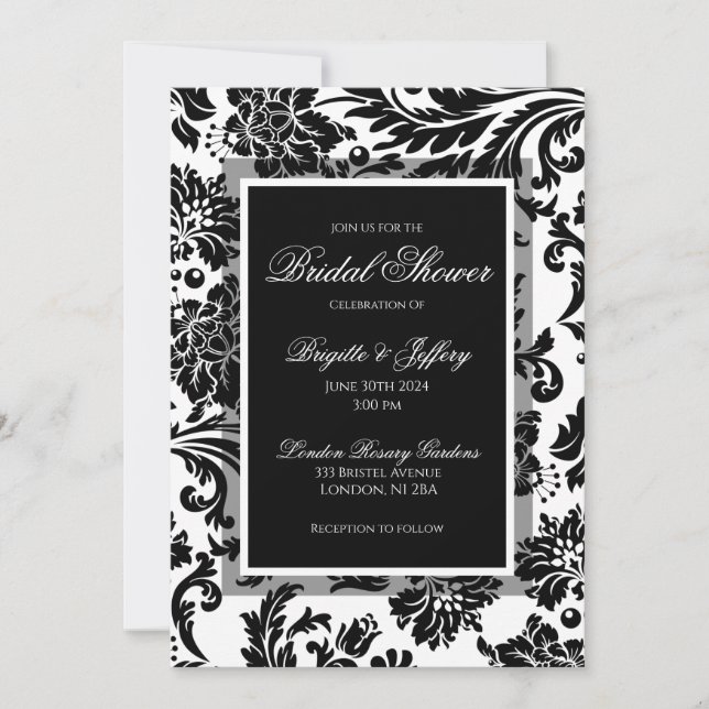 Elegant black & white damask custom bridal shower invitation (Front)
