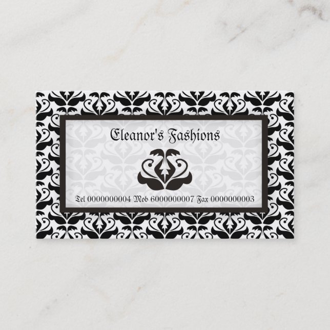 Elegant black white damask fashion business cards (Front)