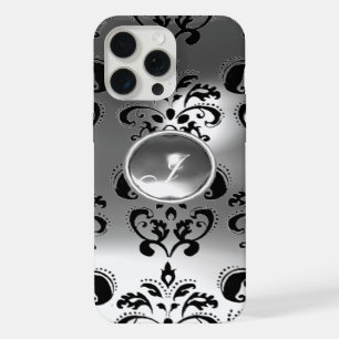 ELEGANT BLACK WHITE DAMASK GREY GEMSTONE MONOGRAM iPhone 15 PRO MAX CASE
