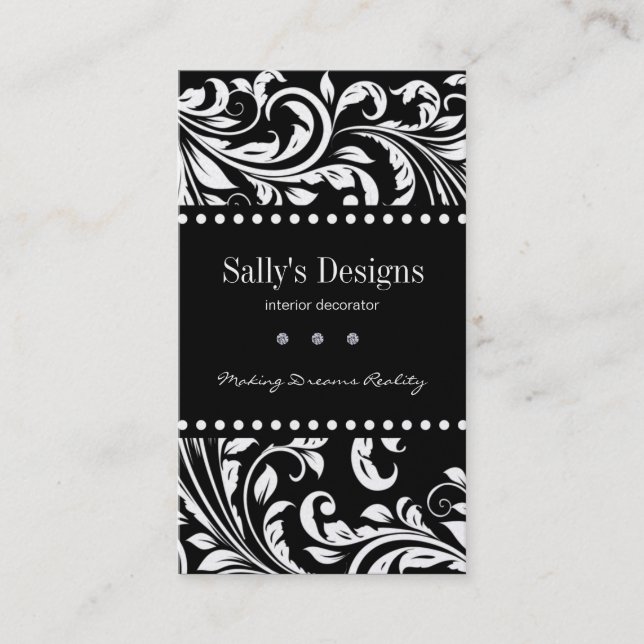 Elegant Black & White Damask Interior Designer Business Card (Front)