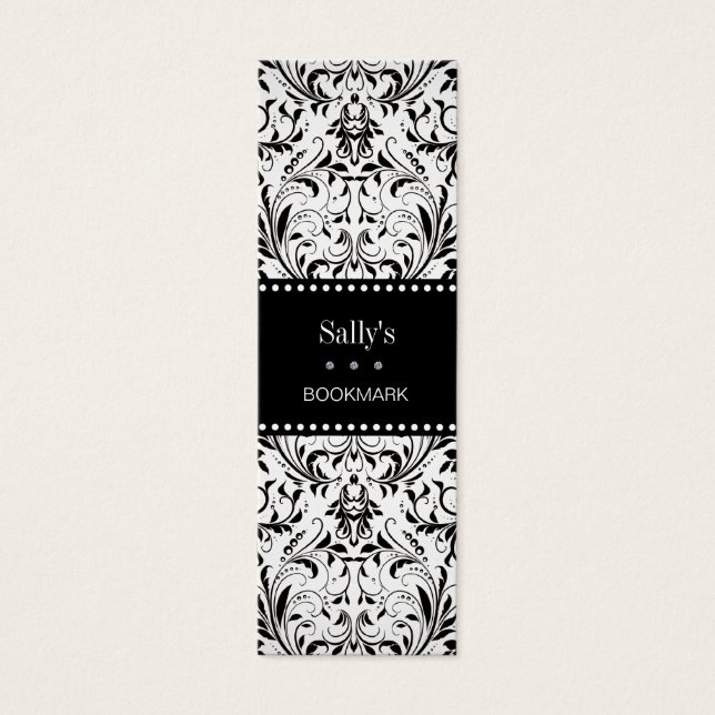 Elegant Black & White Damask Mini Bookmark (Front)