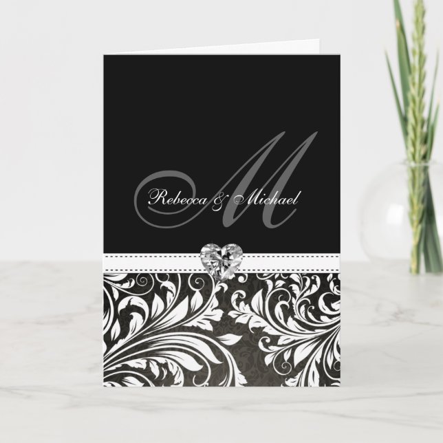 Elegant Black & White Damask Monogram Invitations (Front)