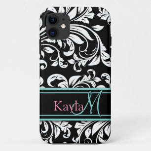 Elegant Black & White Damask Pattern with Monogram iPhone 11 Case