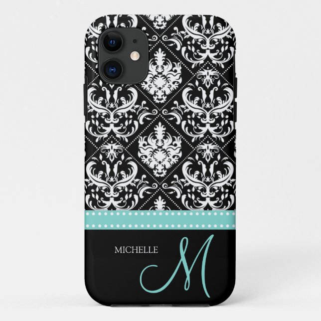 Elegant Black & White Damask Pattern with Monogram Case-Mate iPhone Case (Back)
