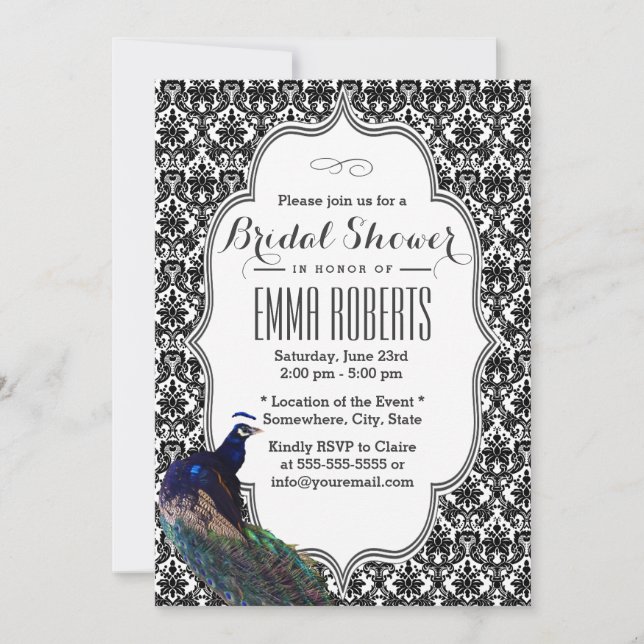Elegant Black & White Damask Peacock Bridal Shower Invitation (Front)