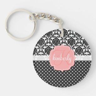 Elegant Black & White Damask Pink Girly Monogram Key Ring