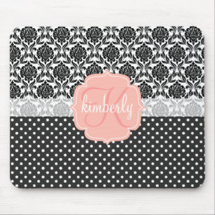 Elegant Black & White Damask Pink Girly Monogram Mouse Mat