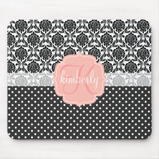 Elegant Black & White Damask Pink Girly Monogram Mouse Mat (Front)