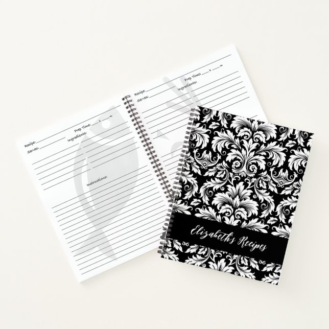 Elegant Black White Damask Recipe Notebook (Inside)