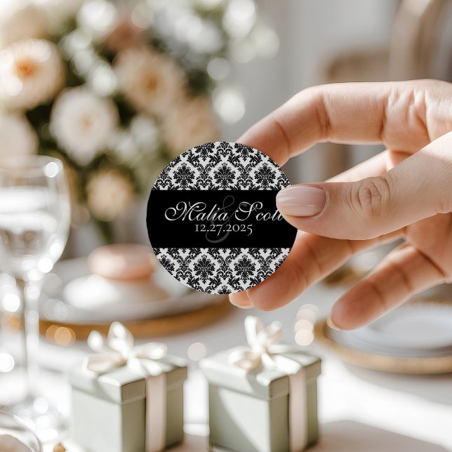 Elegant Black White Damask Wedding Favour Classic Round Sticker (Creator Uploaded)
