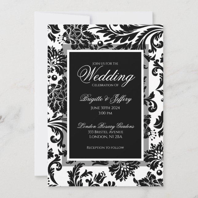 Elegant black & white damask wedding invitation (Front)