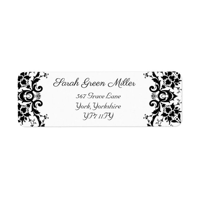Elegant Black White Damask Wedding Return Address (Front)