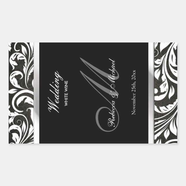 Elegant Black & White Damask Wine Labels (Front)