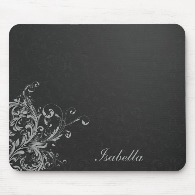 Elegant black white damask with floral mouse mat (Front)