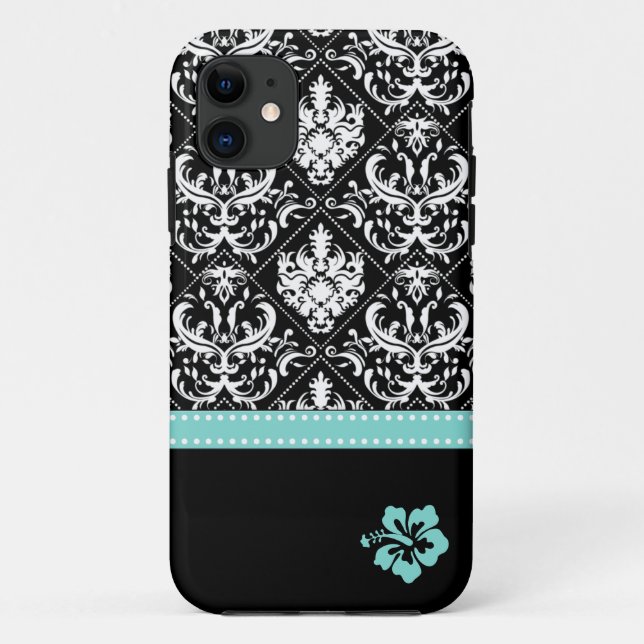 Elegant Black & White Damask with Hibiscus Case-Mate iPhone Case (Back)