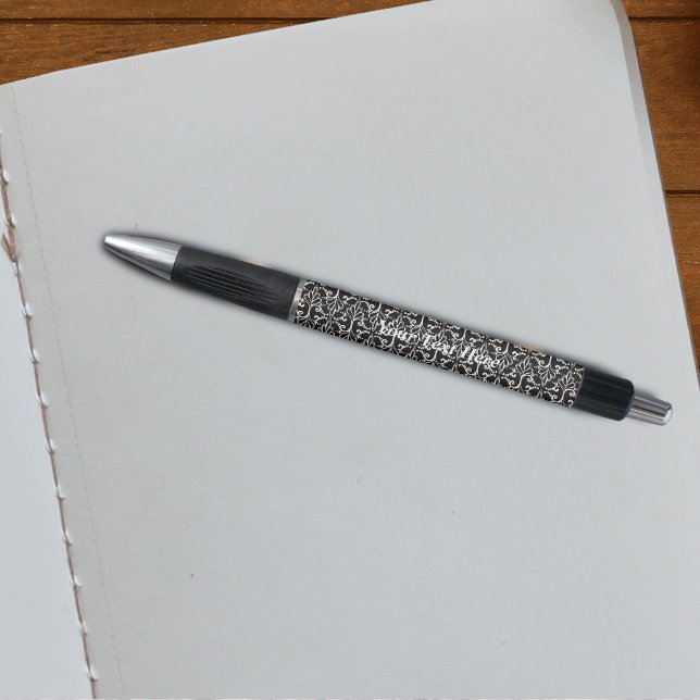 Elegant Black White Damask With White Scrolls (Elegant damask pattern with scrolls in black and white on a writing pen.)