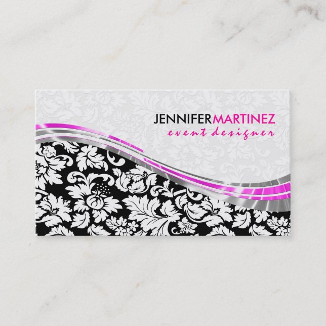 Elegant Black & White Damasks With Pink Accents Business Card (Front)