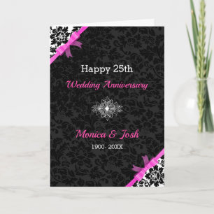 Elegant Black & White Damasks With Pink Ribbon Card