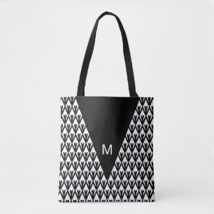 Elegant Black White Diamond Pattern & Monogram Tote Bag