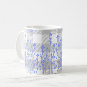 Elegant black white doodle floral blue gingham coffee mug