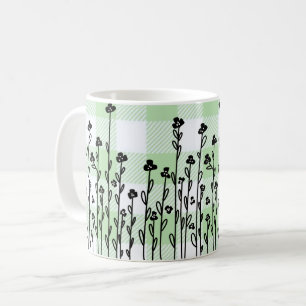 Elegant black white doodle floral green gingham coffee mug