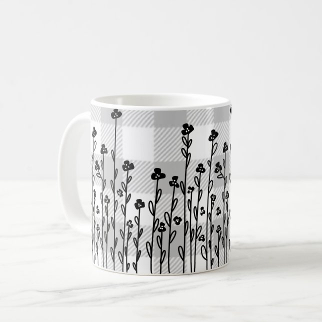 Elegant black white doodle floral grey gingham coffee mug (Front Left)