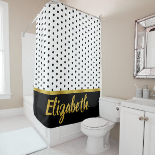 Elegant Black White Dot Pattern Gold Script Name Shower Curtain